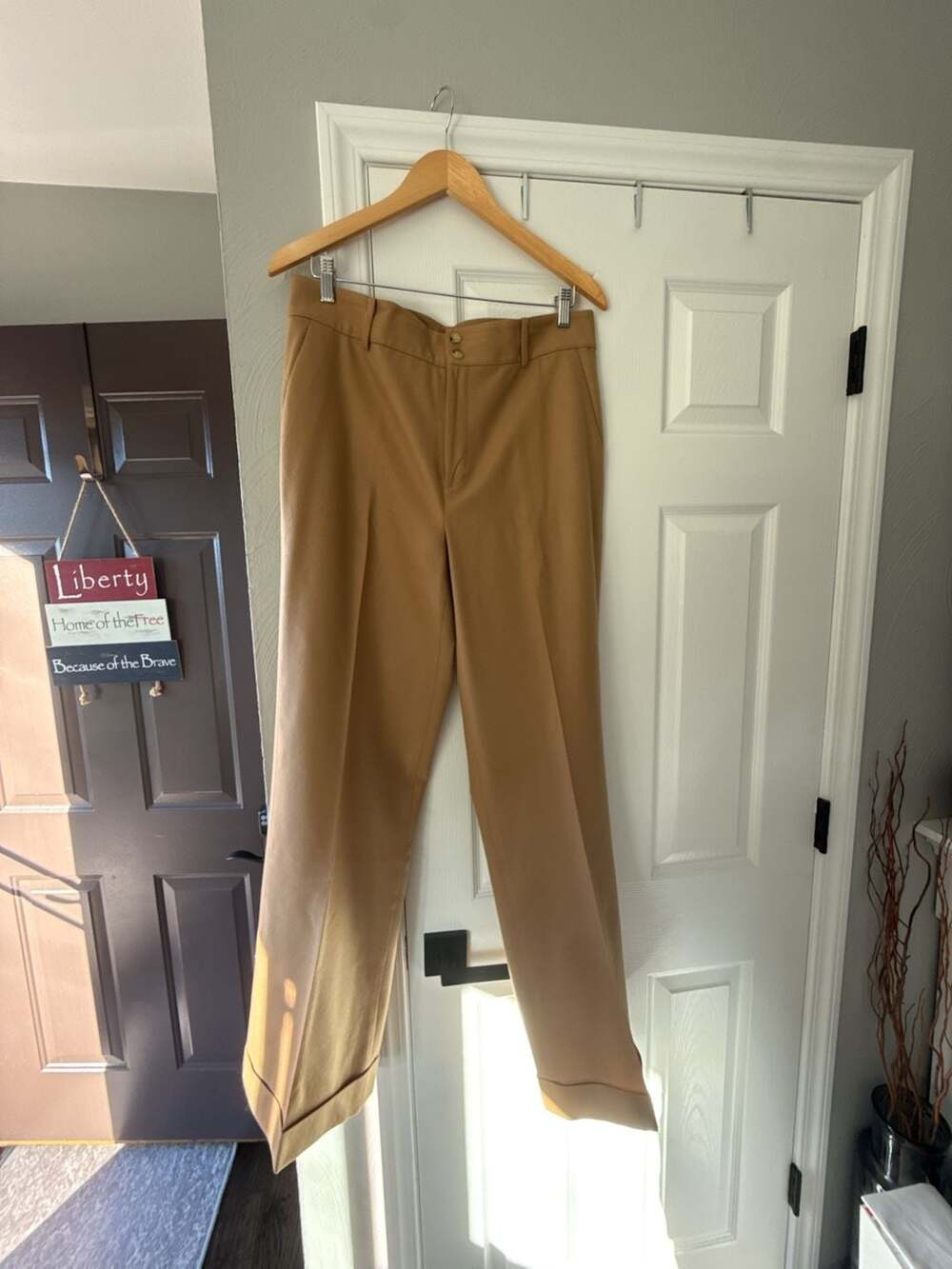 Ralph Lauren Women's Camel Wide-Leg Wool Trousers with Cuffed Hem size 12